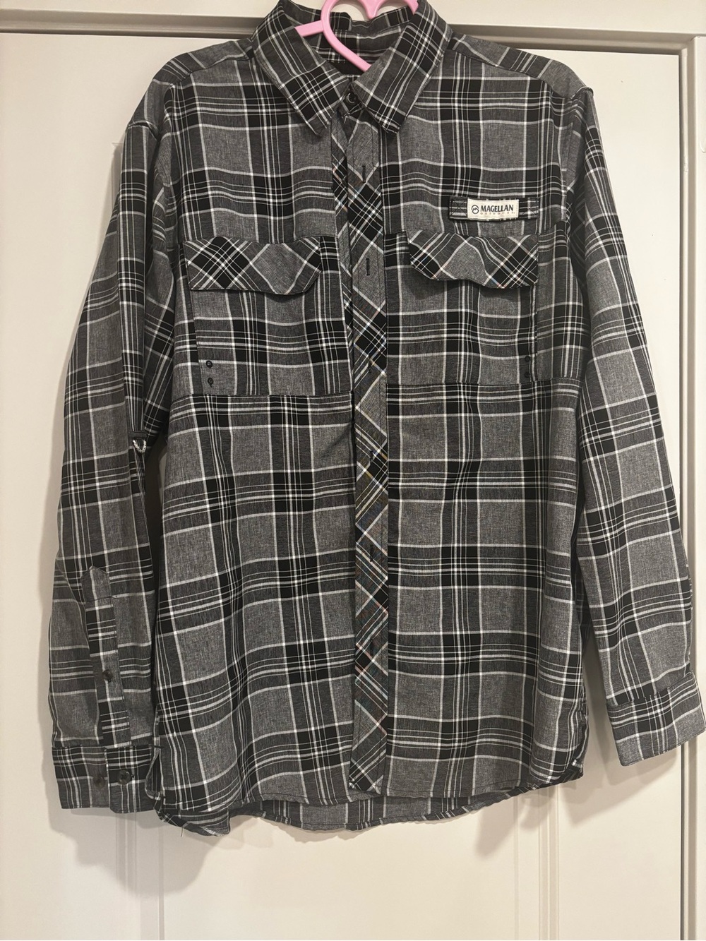 Magellan Outdoors Gray and Black Plaid Casual Button-Down Shirt